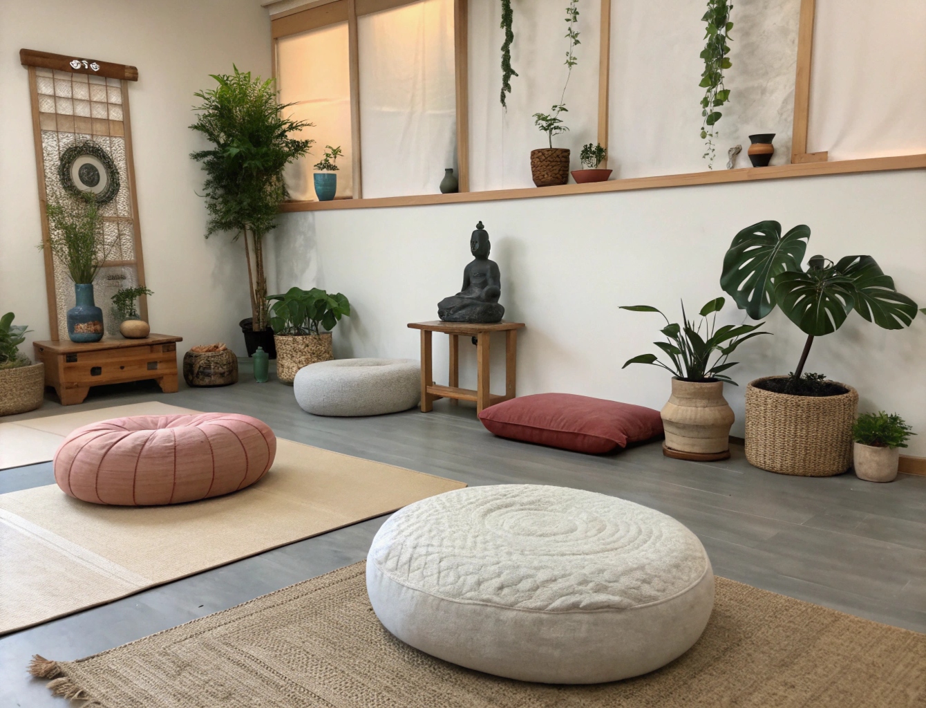 Meditation corner with cushions and plants