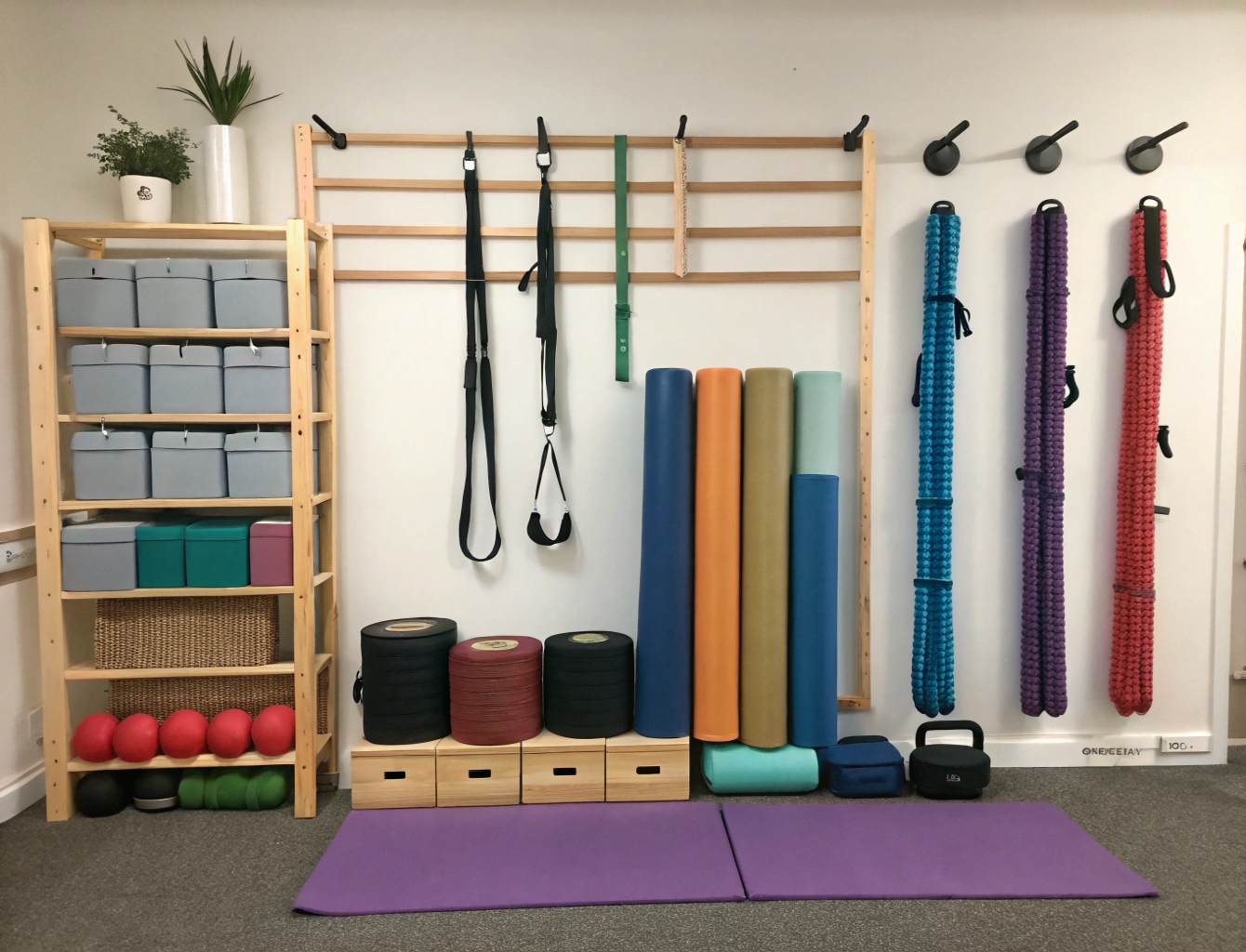 Props wall with blocks, bolsters and straps